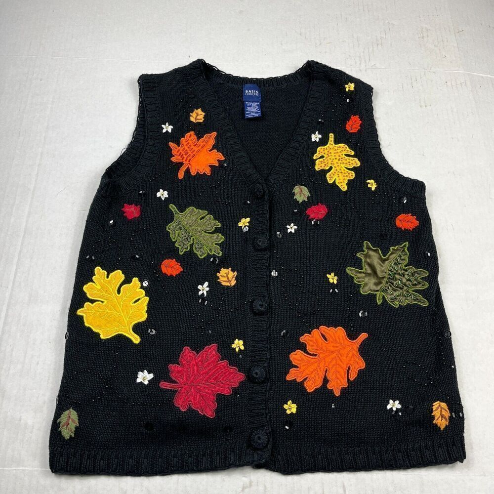 Basic Editions Embroidered Sweater Vest Fall Leaf Grandmacore Cozy Knit SMALL